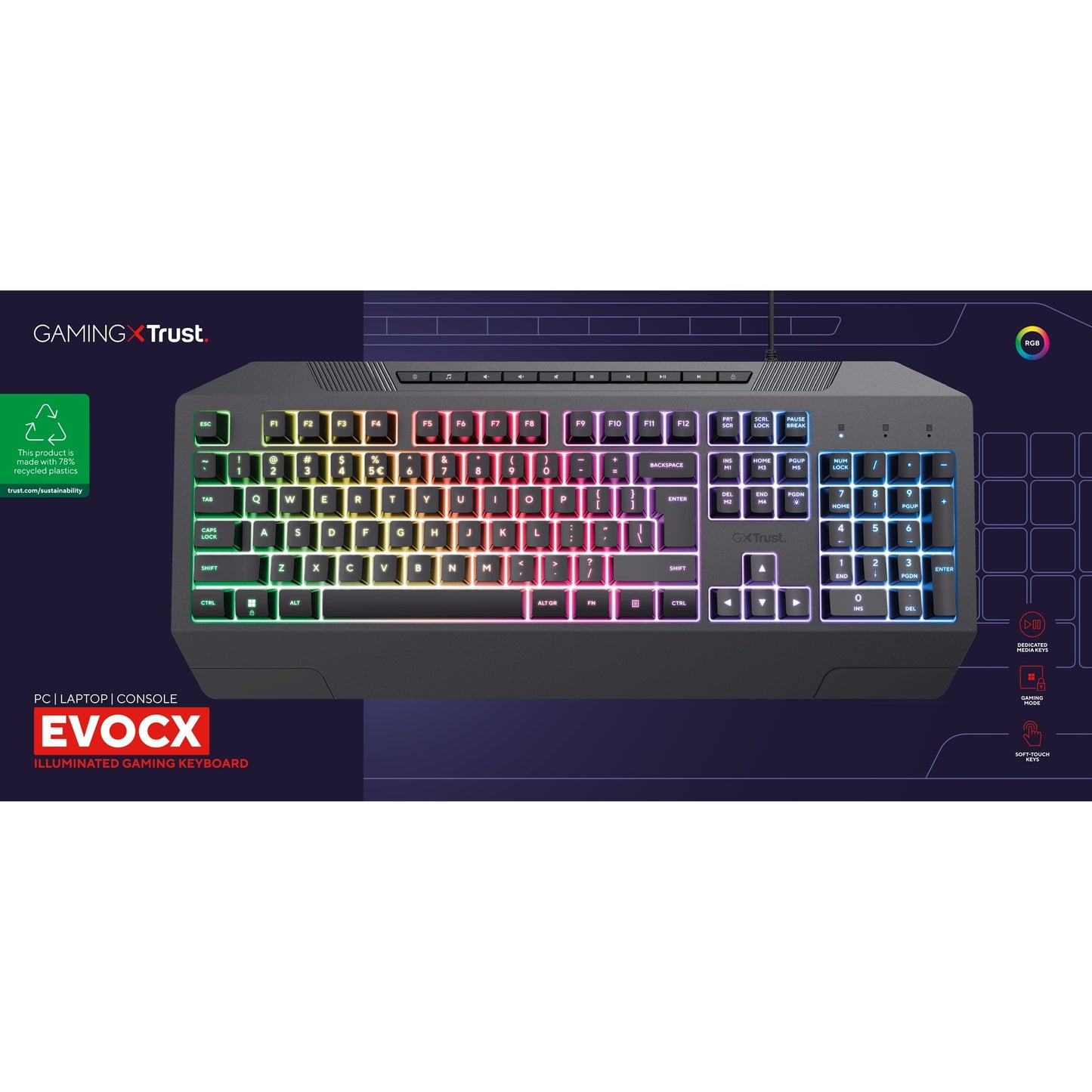 Trust gxt 836 evocx rgb gaming toetsenbord (zwart, us lay-out (qwerty), membraan, 100%, rgb)