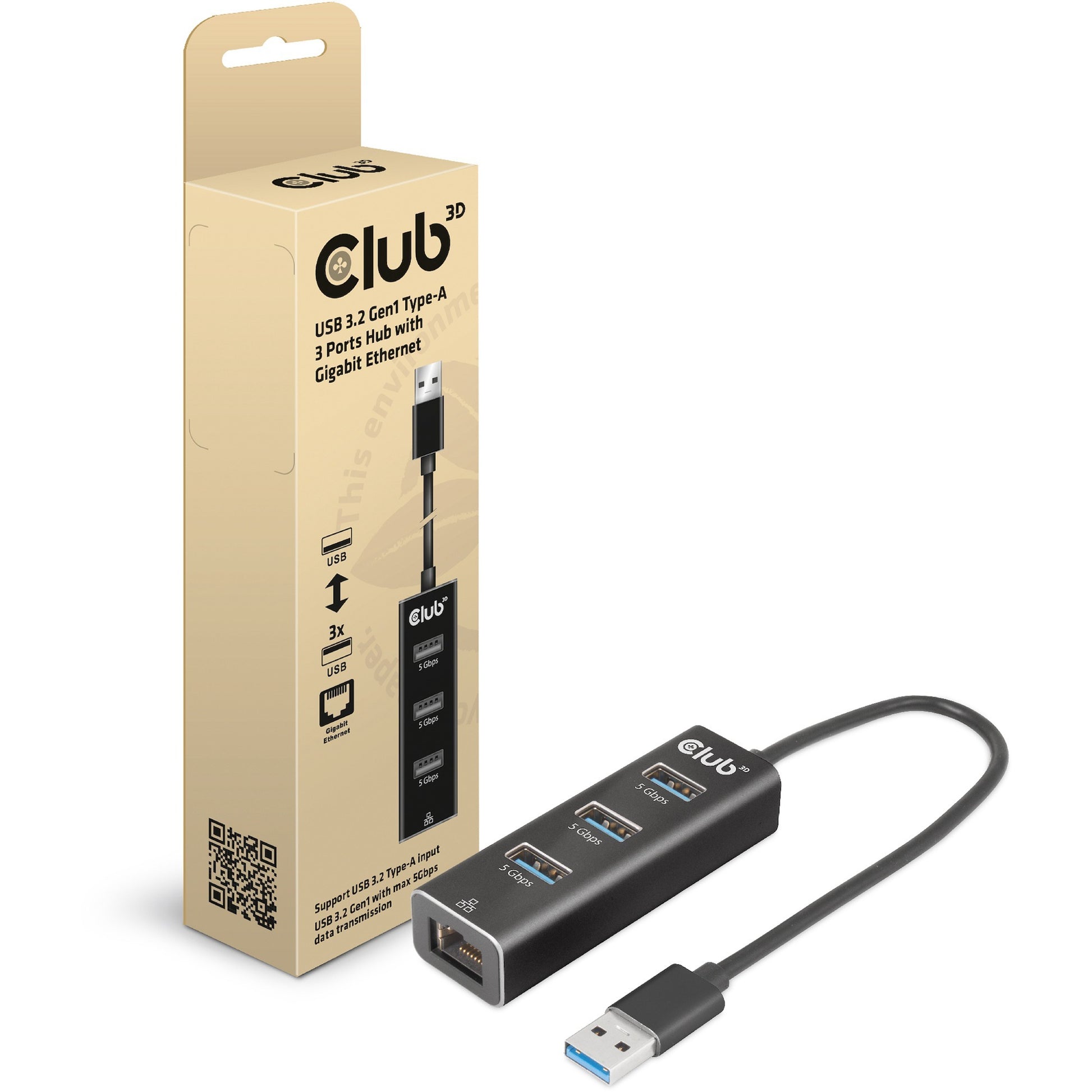Club 3d usb-a 3.2 gen1, 3-ports hub with gigabit ethernet dockingstation (zwart)