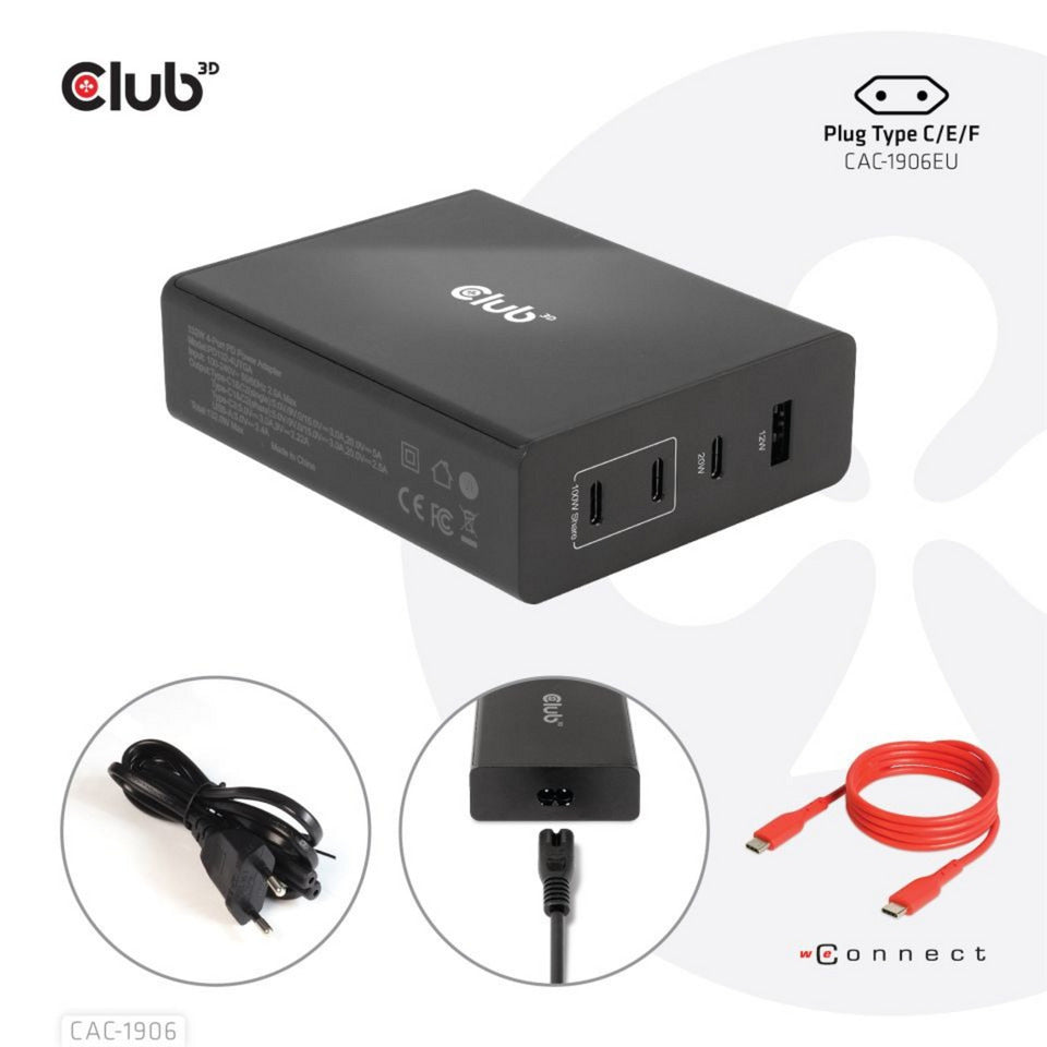 Club 3d travel charger 132w gan technology (zwart, usb-a, usb-c, power delivery (pd) 3.0)