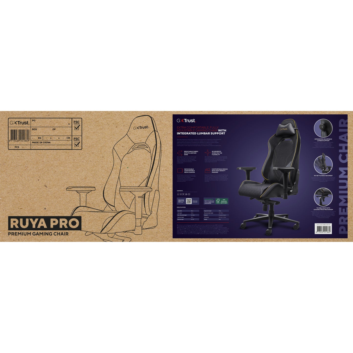 Trust gxt 721 ruya pro premium comfortabele gaming stoel (zwart geel)