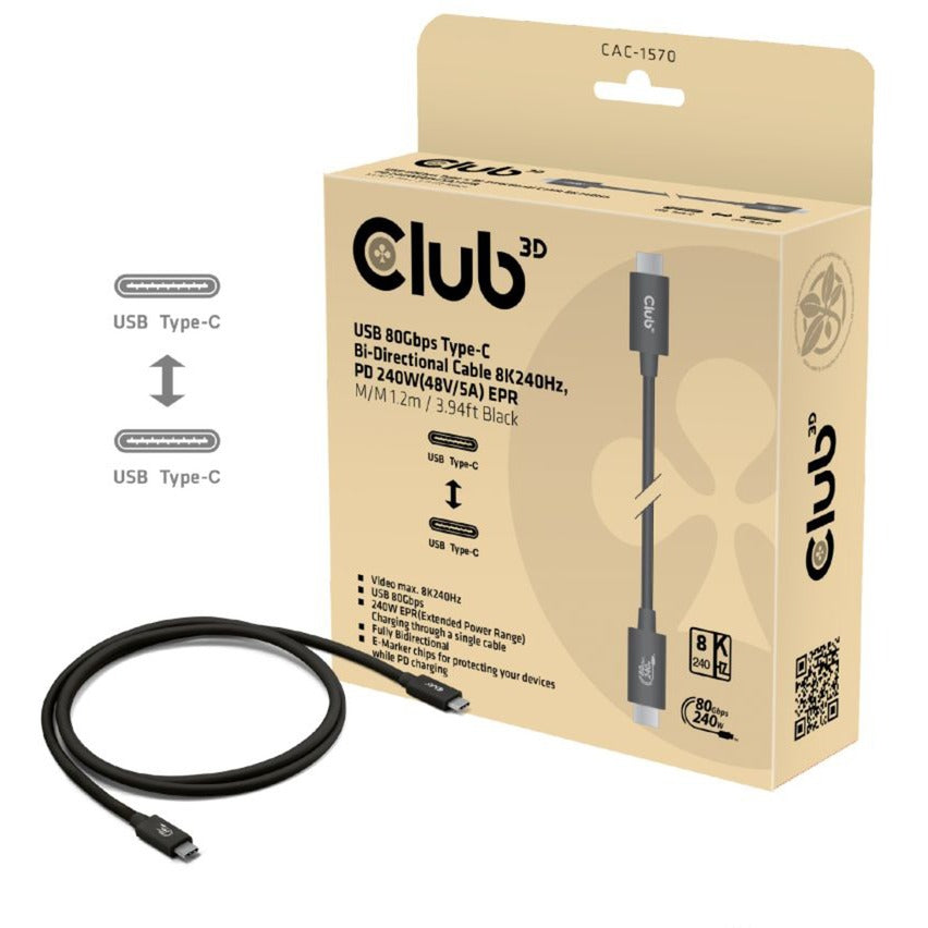 Club 3d usb-c 80gbps certified 240w 8k 240hz kabel (zwart, 1.2m)