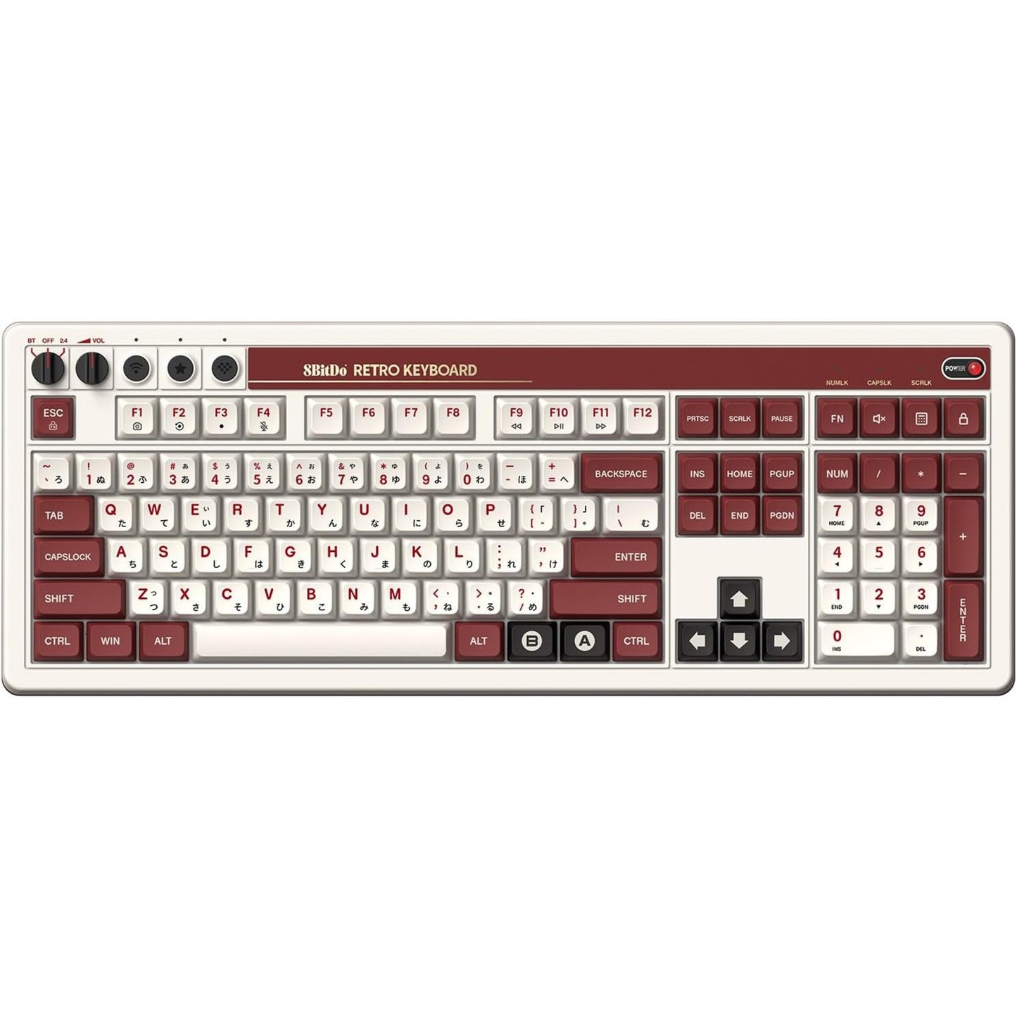 8bitdo retro mechanical keyboard fami edition, gaming toetsenbord (beige rood, us lay-out, kailh box white, bluetooth low energy, wireless 2.4g, usb)