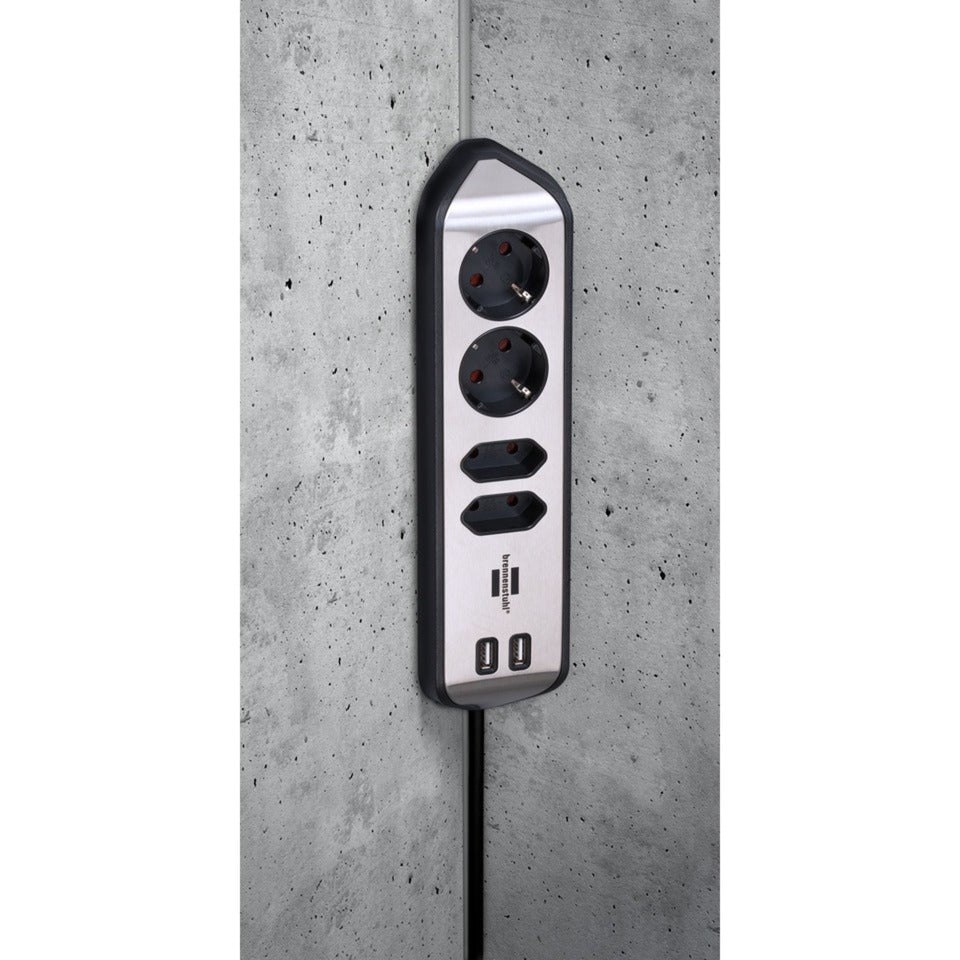 Brennenstuhl ®estilo hoekaansluitdoosstrook met usb laadfunctie 4-weg 2x b eschermend contactdoos 2x euro zilver zwart