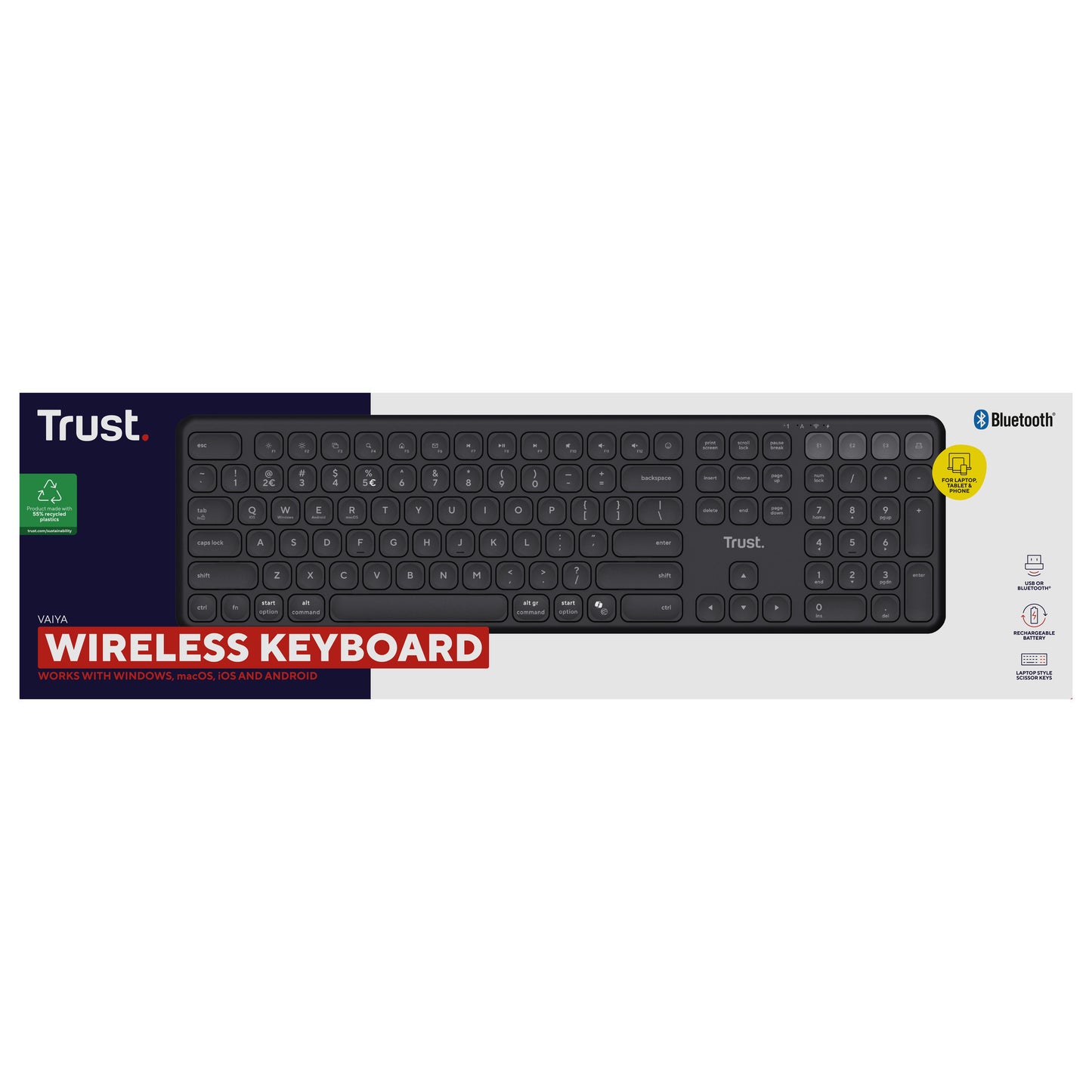 Trust vaiya draadloos toetsenbord (zwart, us lay-out (qwerty), 100%, bluetooth 2.4ghz)