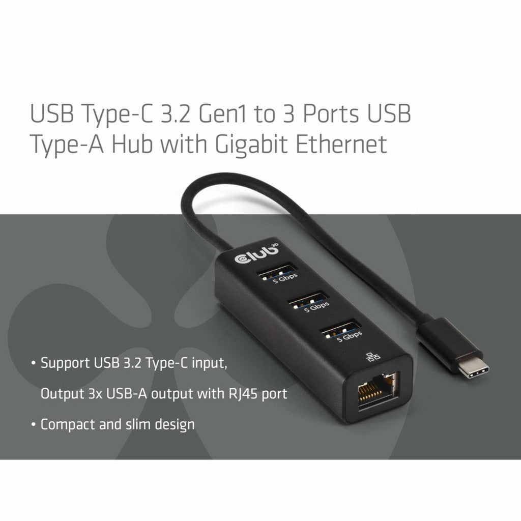 Club 3d usb‑c 3.2 gen 1 naar 3x usb‑a + ethernet dockingstation (zwart)
