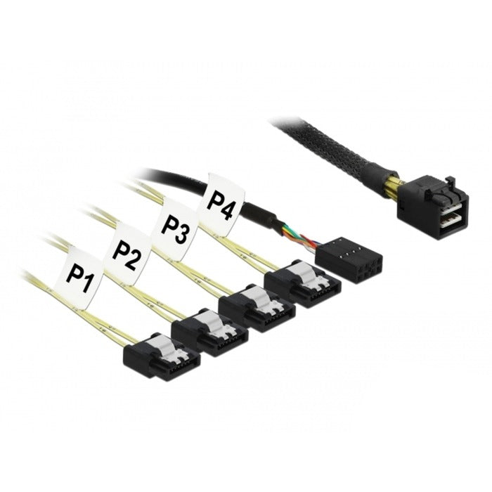 Delock mini sas hd sff-8643 > 4x sata 7 pin reverse + sideband kabel (zwart, 0,5 meter)