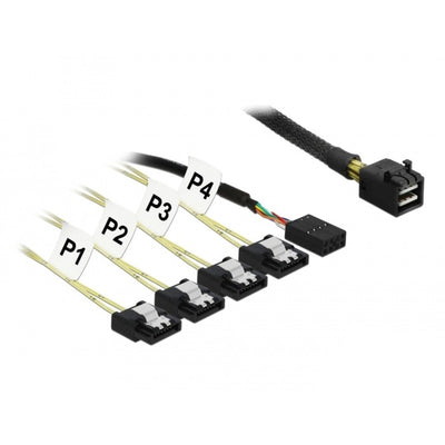 Delock mini sas hd sff-8643 > 4x sata 7 pin reverse + sideband kabel (zwart, 0,5 meter)