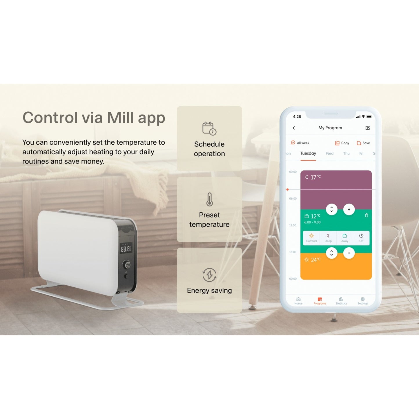 Mill wifi convectorkachel co1500maxwifi3 (wit zwart, 1500 watt, wifi + app control)