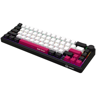 Lorgar kbp70mw, gaming toetsenbord (zwart, us lay-out, logar toxic purple, 65%, rgb, hot-swappable, pbt double-shot, bluetooth 2.4ghz usb)