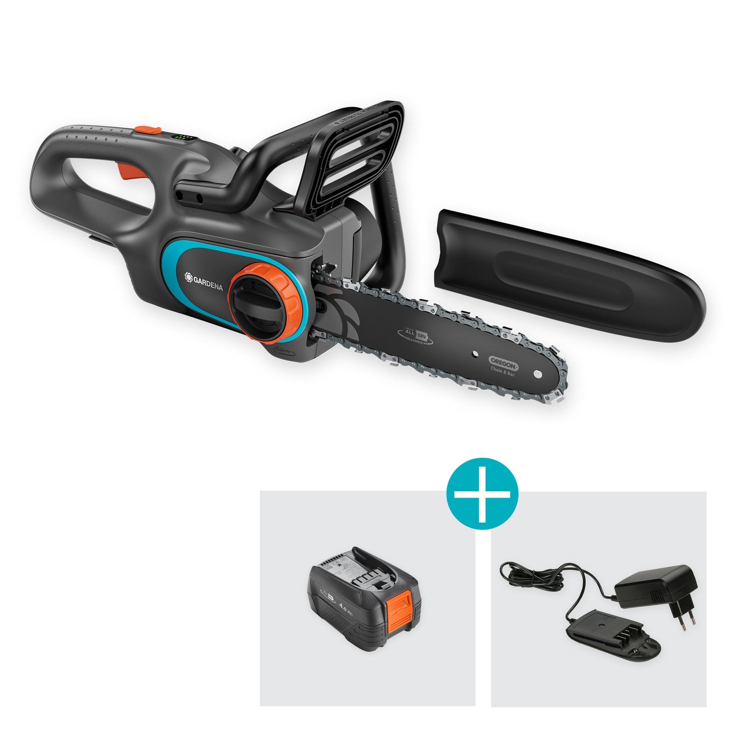 Gardena accukettingzaag powersaw 250 18v (grijs turquoise, accu en oplader inbegrepen, power for all alliance)