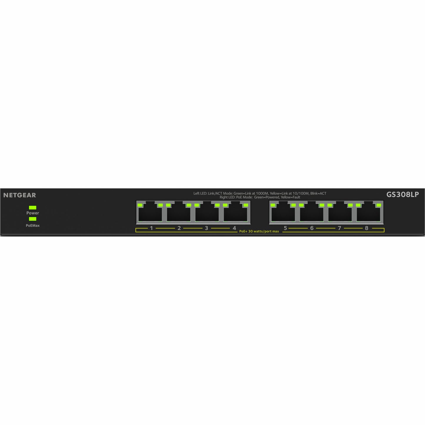Netgear 8-poorts gigabit ethernet unmanaged poe+ essentials switch (gs308lp) (zwart, 60 watt poe)