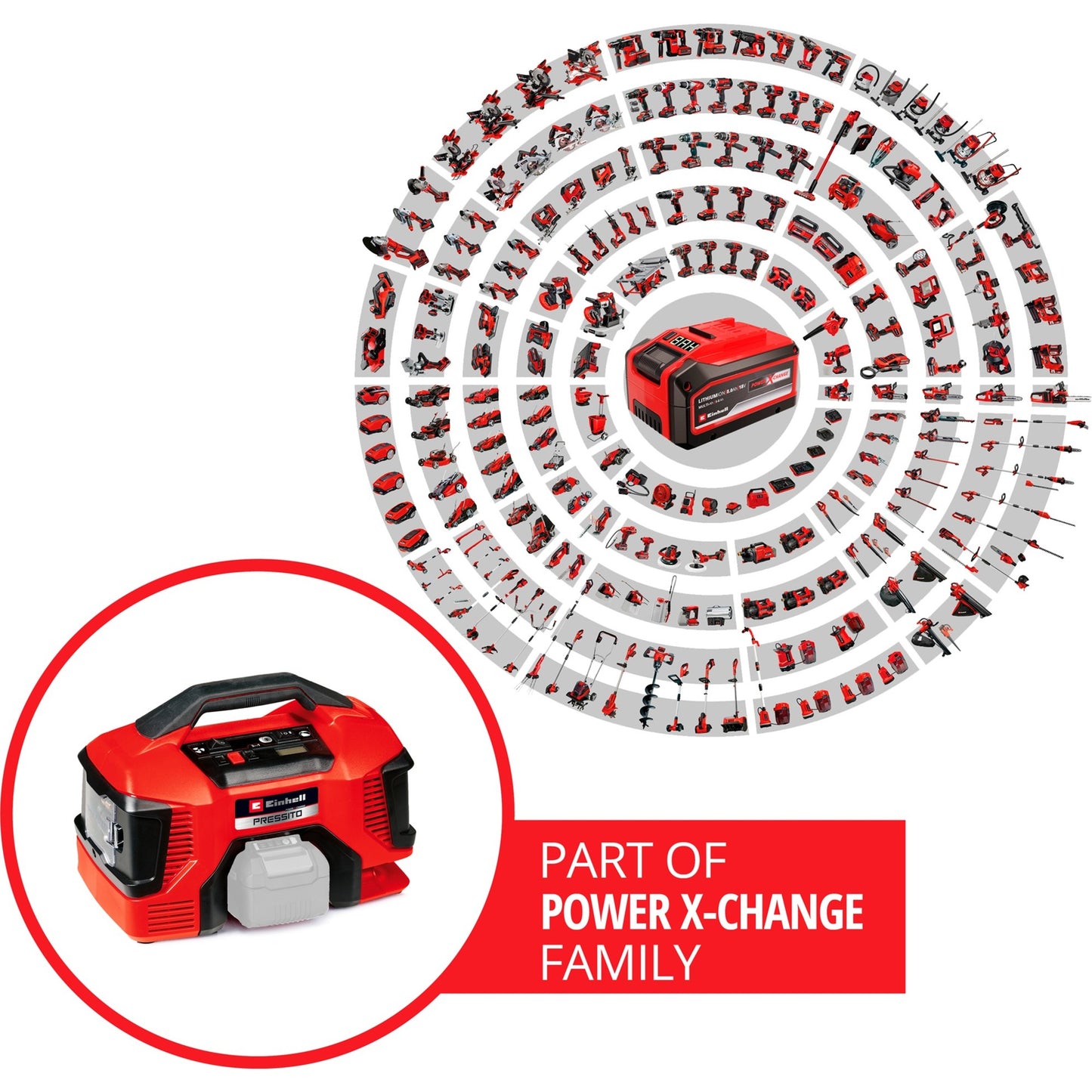 Einhell accu compressor pressito 18 21 li solo - power x-change - 18 v li-ion - aanzuigcapaciteit hogedruk- lagedrukpomp: 21 370 l min - max. werkdruk hogedrukpomp: 10.5 bar - incl. 3-delige adapterset - excl. accu en lader