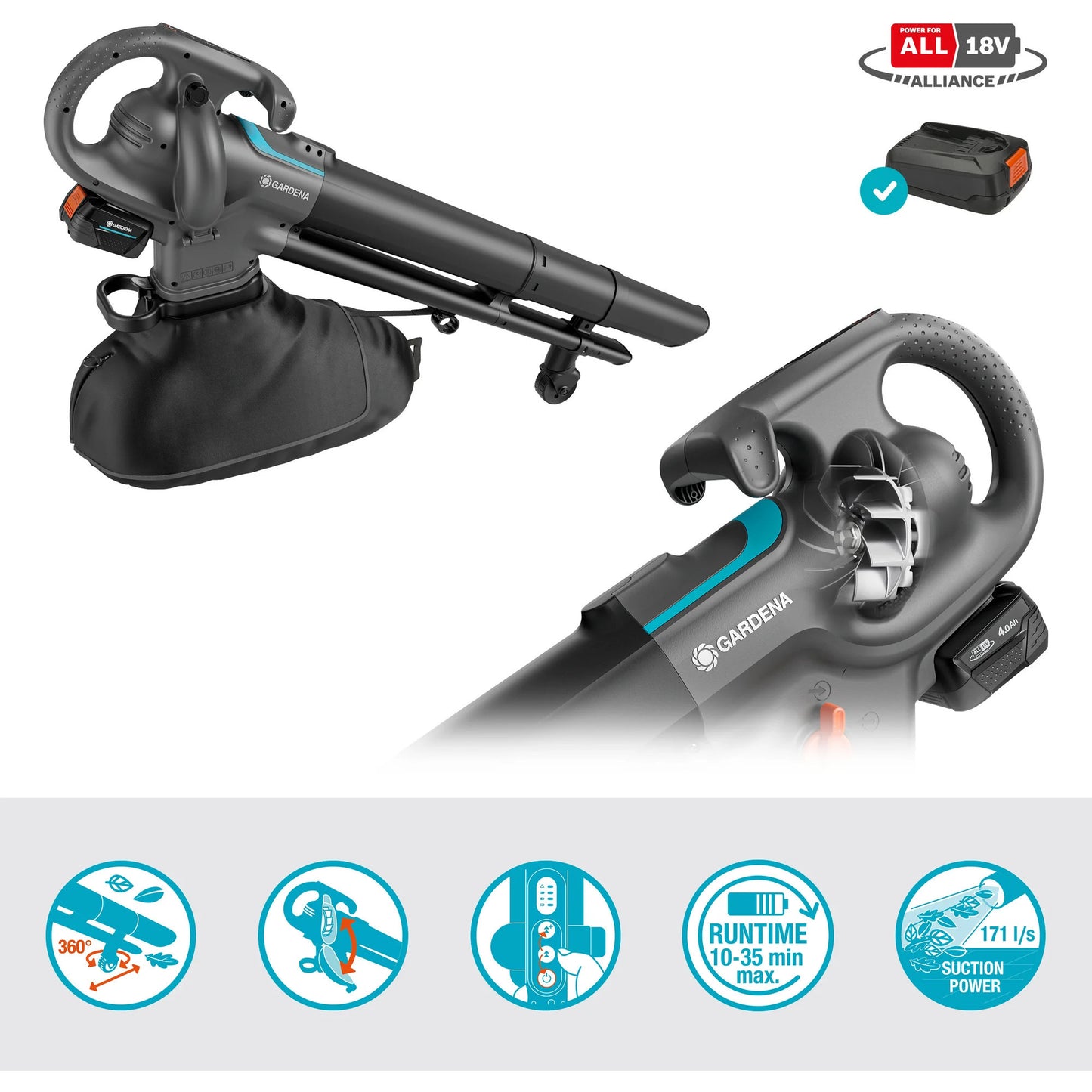 Gardena stofzuiger -blazer powerjet collect bladzuiger bladblazer (grijs zwart, 18v p4a-accu en oplader inbegrepen)