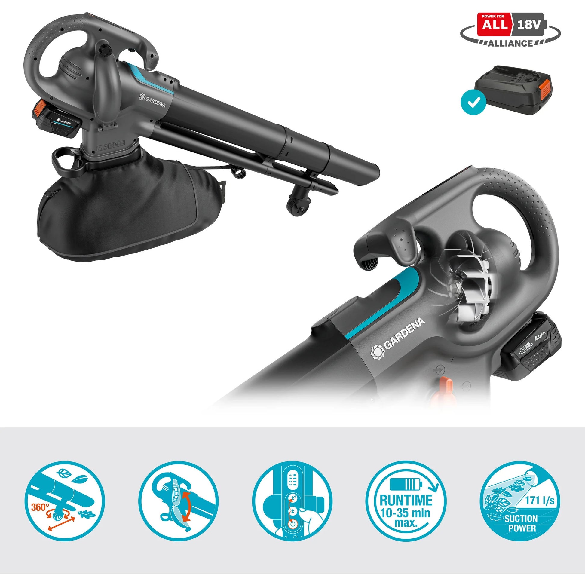 Gardena stofzuiger -blazer powerjet collect bladzuiger bladblazer (grijs zwart, 18v p4a-accu en oplader inbegrepen)