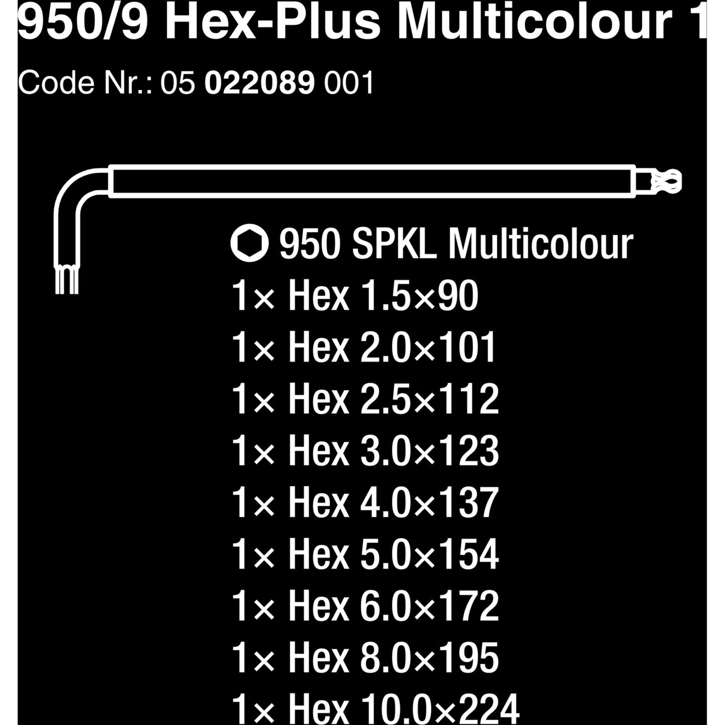 Wera 950 9 hex-plus multicolour 1 stiftsleutelset, metrisch, blacklaser (9-delig)