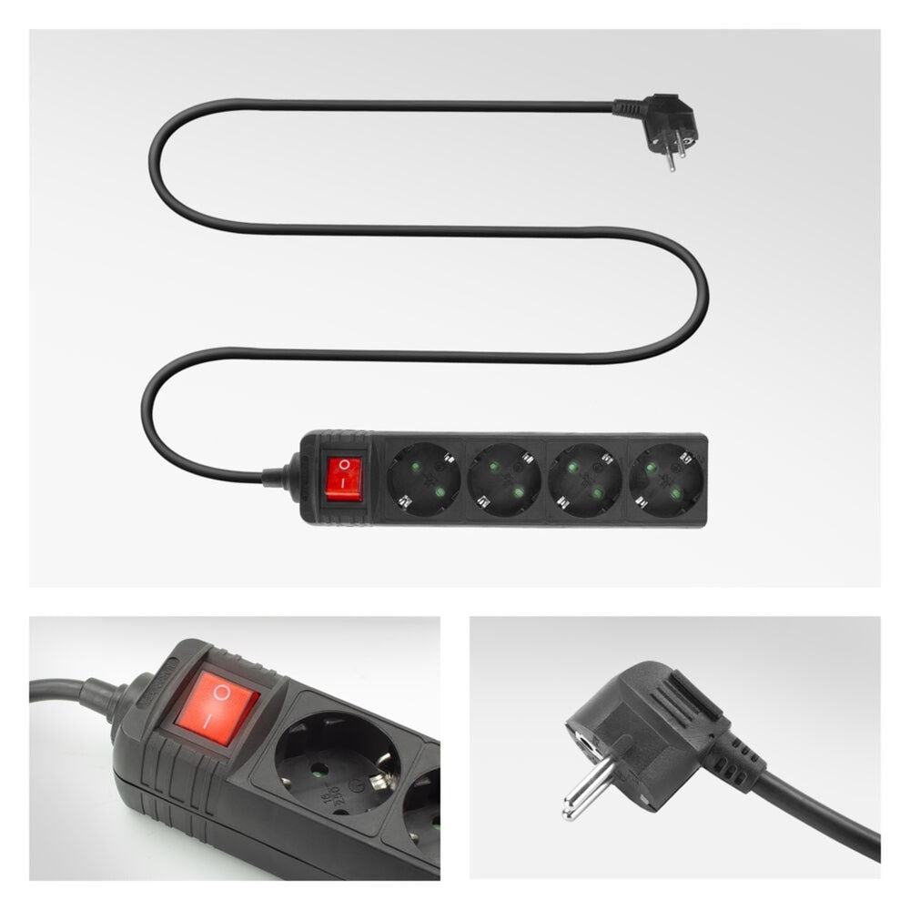 Act connectivity stekkerdoos met lichtgevende schakelaar, 4 sockets, 2 m, zwart stekkerdoos (zwart)