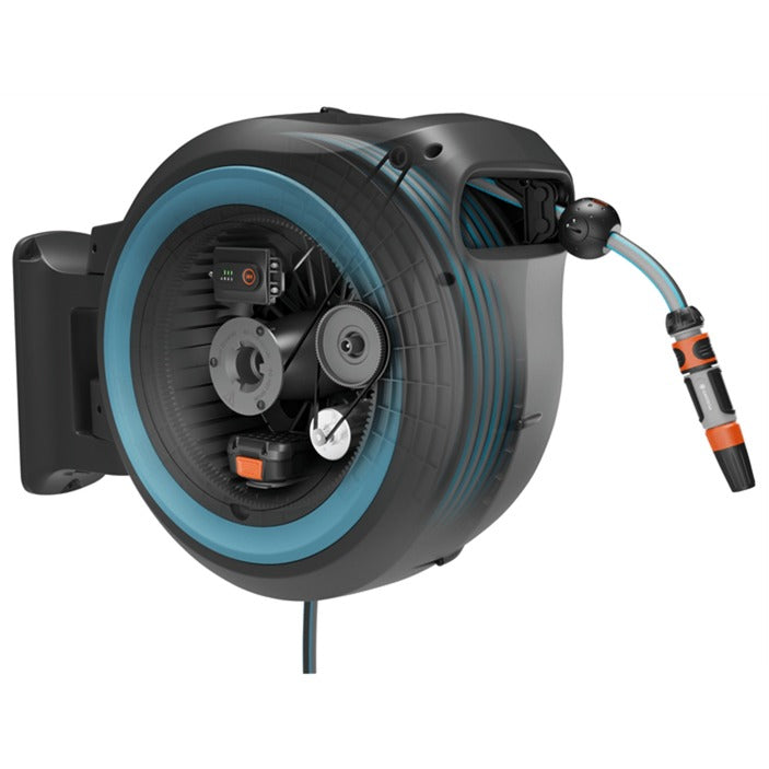 Gardena 35 m wand-slangenbox powerroll xl slanghaspel (grijs turquoise, 35 meter, accu en oplader niet inbegrepen, power for all alliance)