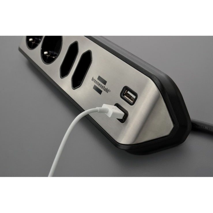 Brennenstuhl ®estilo hoekaansluitdoosstrook met usb laadfunctie 4-weg 2x b eschermend contactdoos 2x euro zilver zwart
