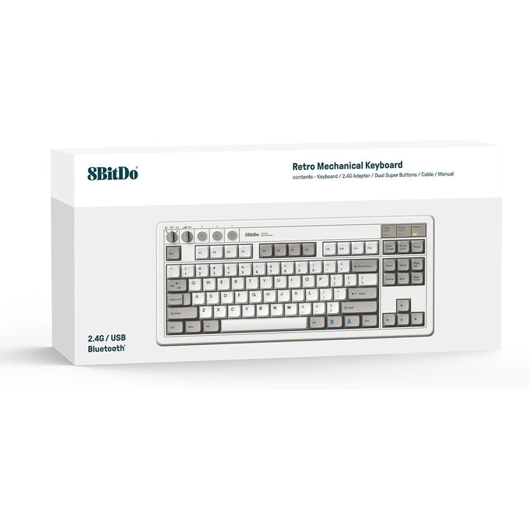 8bitdo retro mechanical keyboard m edition (grijs, us lay-out (qwerty), kailh box white, 80% (tkl), bluetooth low energy, wireless 2.4g, usb)