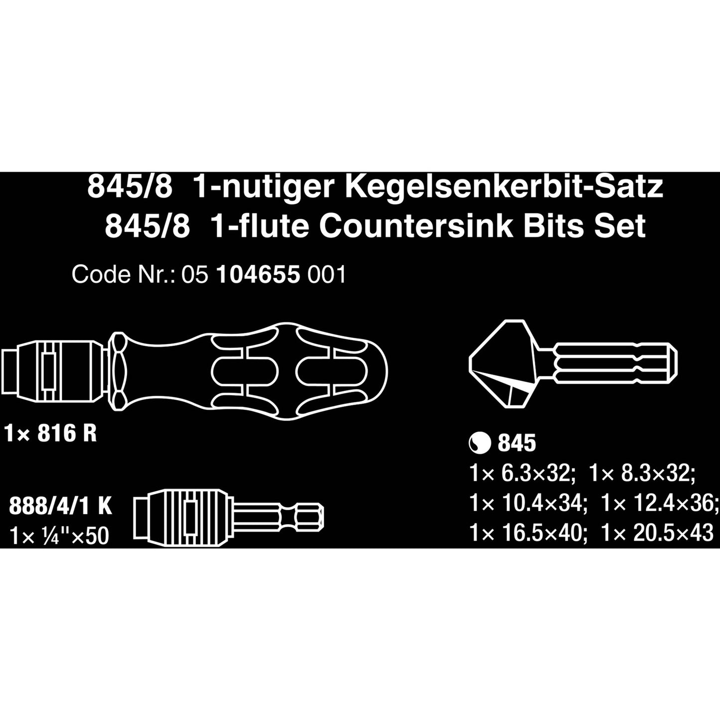 Wera 845 8 verzink bit-set, 8‑delig bitset (zwart groen)