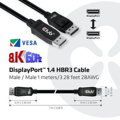 Club 3d displayport 1.4 hbr3 kabel (zwart, 1 meter, 8k)