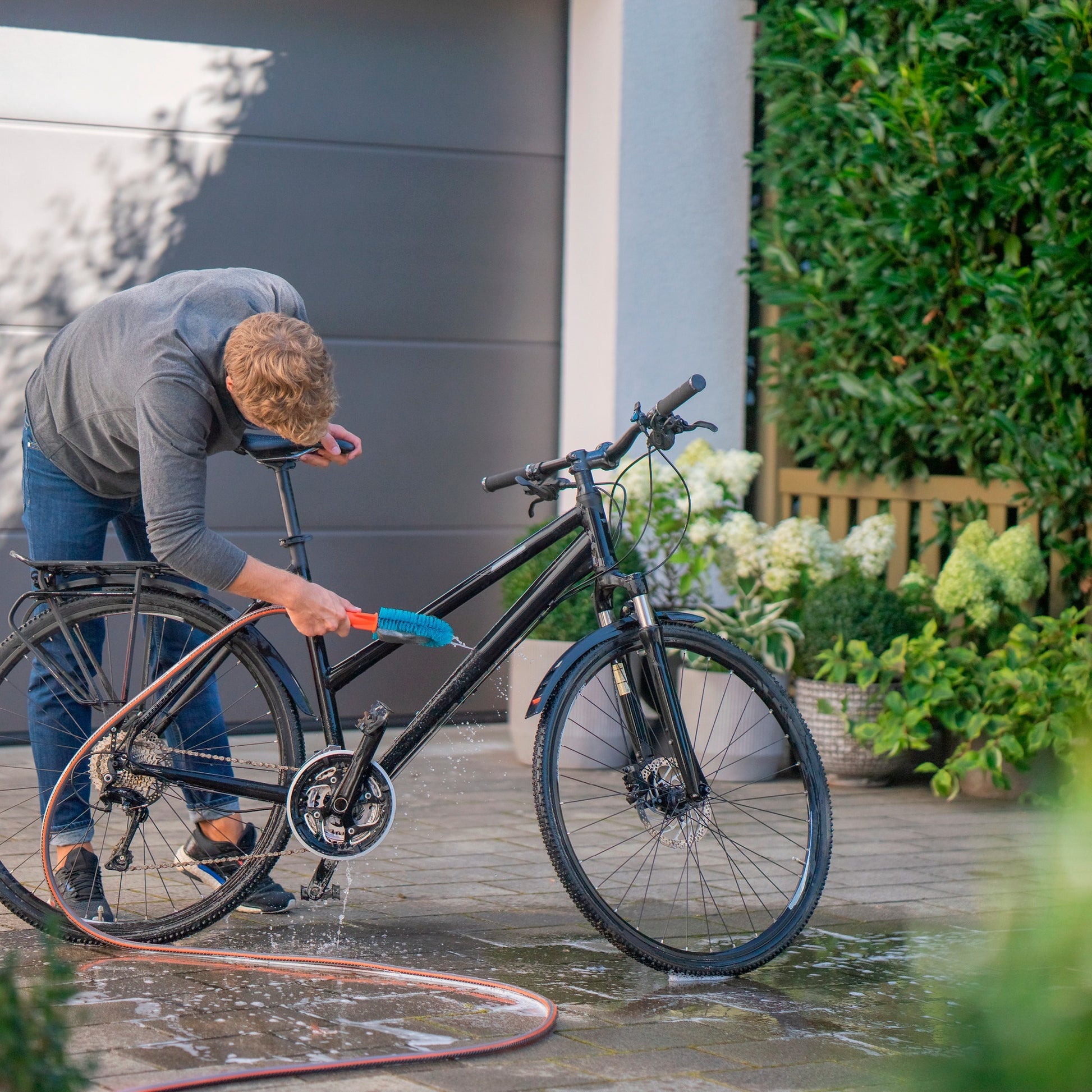 Gardena cleansystem fietsborstel, voor fietsen, aanhangers en kinderwagens wasborstel (grijs turquoise, 18848-20)