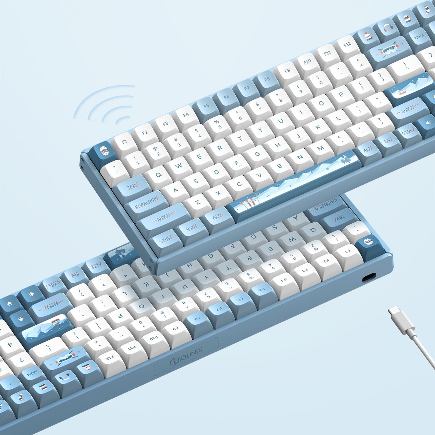 Iqunix f97 wintertide wireless mechanical keyboard (lichtblauw, us lay-out (qwerty), cherry mx silent red, 96%, rgb leds, hot-swappable, pbt, 2.4ghz | bluetooth 5.1 | usb-c)