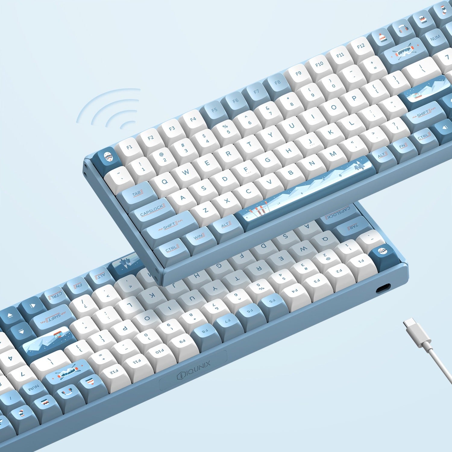 Iqunix f97 wintertide wireless mechanical keyboard (lichtblauw, us lay-out (qwerty), cherry mx silent red, 96%, rgb leds, hot-swappable, pbt, 2.4ghz | bluetooth 5.1 | usb-c)