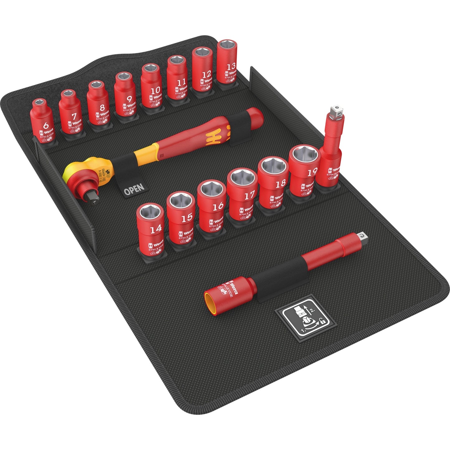 Wera 8100 sb vde 1 zyklop ratelset gereedschapsset (rood geel, 17-delig, geïsoleerd, voorzien van omschakelpal, 3 8 aandrijving, metrisch)