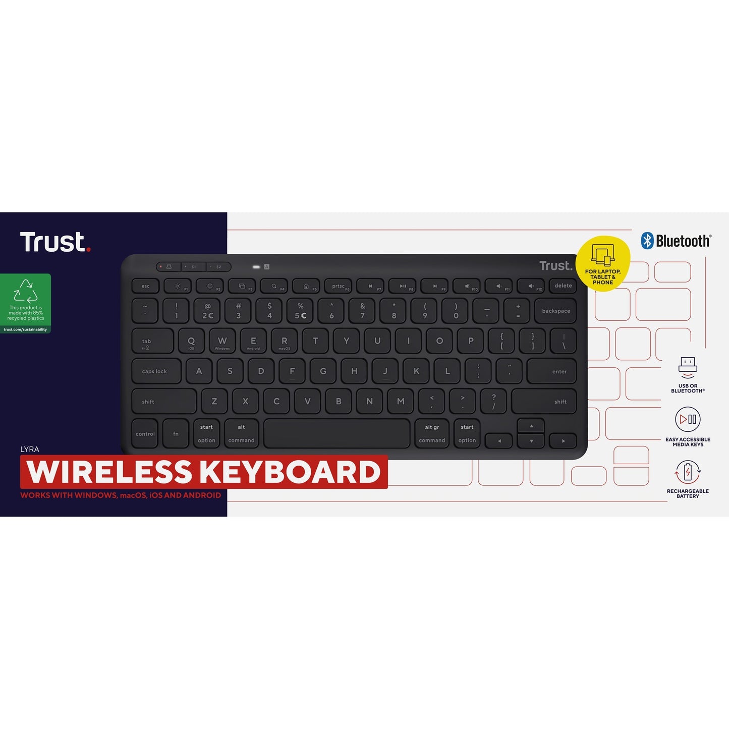 Trust lyra compact draadloos toetsenbord (zwart, us lay-out (qwerty), scissor switches, 65%, 2,4 ghz usb, bluetooth)