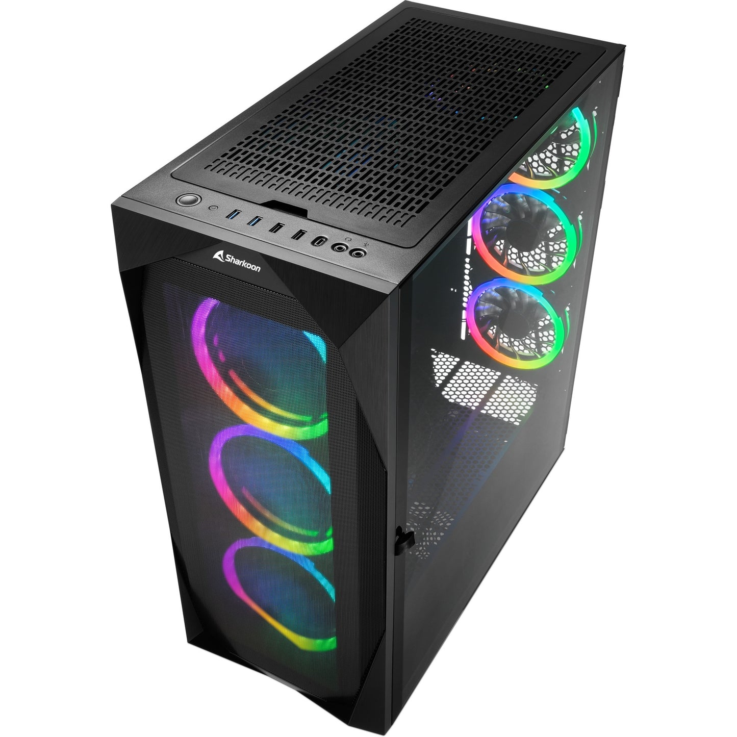 Sharkoon rev300 midi tower behuizing (zwart | 4x usb-a | 1x usb-c | rgb | tempered glass)