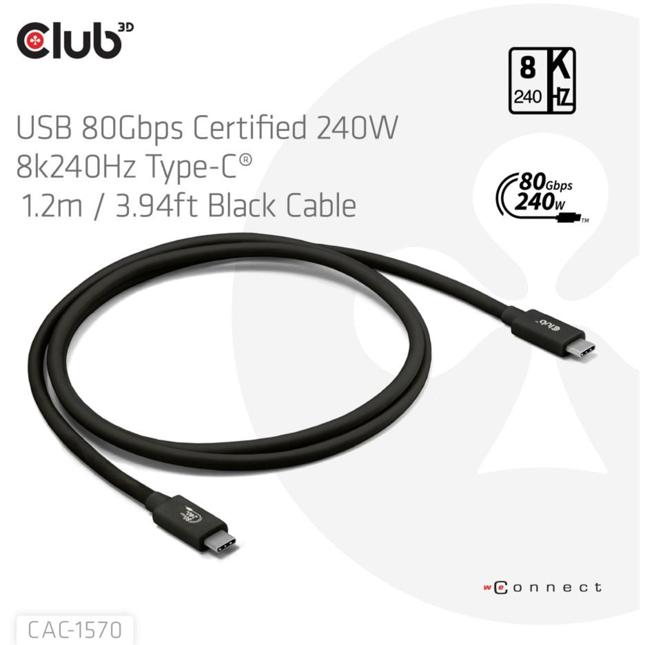 Club 3d usb-c 80gbps certified 240w 8k 240hz kabel (zwart, 1.2m)