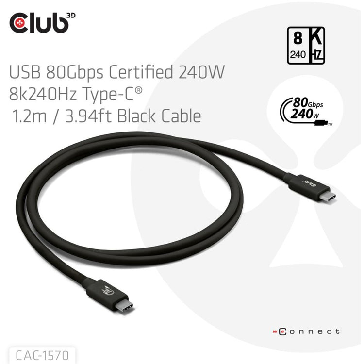 Club 3d usb-c 80gbps certified 240w 8k 240hz kabel (zwart, 1.2m)