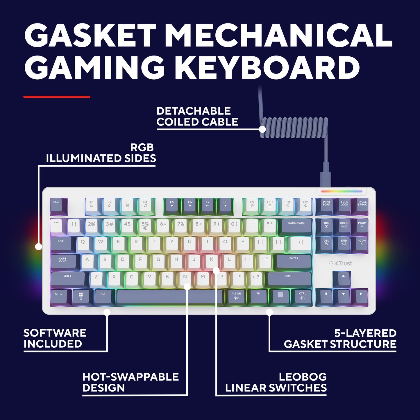 Trust gxt 872 xyra mechanisch tkl-gamingtoetsenbord (wit, us lay-out (qwerty), leobog seiya, 80% (tkl), rgb, hot swap)