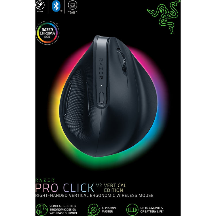Razer pro click v2 vertical gaming muis (zwart, tot 30.000 dpi, usb-c bluetooth 2.4 ghz)