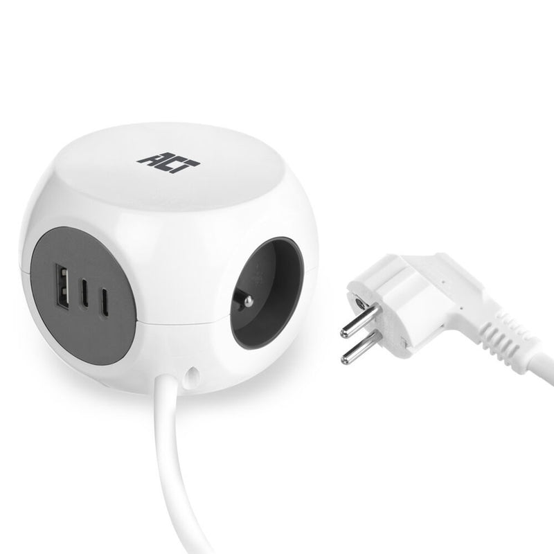 Act connectivity stekkerdoos kubus met 3 stopcontacten, 30w power delivery usb-c a poorten, kabellengte 1,5m stekkerdoos (wit, type e)