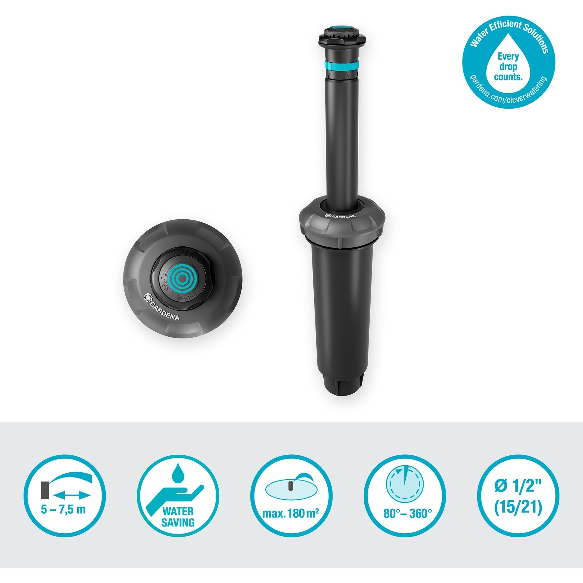 Gardena pop-up sprinkler md180 sproeier (zwart grijs, sproeiafstand tussen 5 m en 7,5 m)