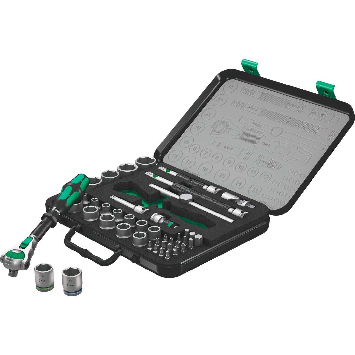 Wera 8100 sa sc 2 zyklop doppenset gereedschapsset (zwart groen, 43-delig, snelheidsratel met draaibare kop)