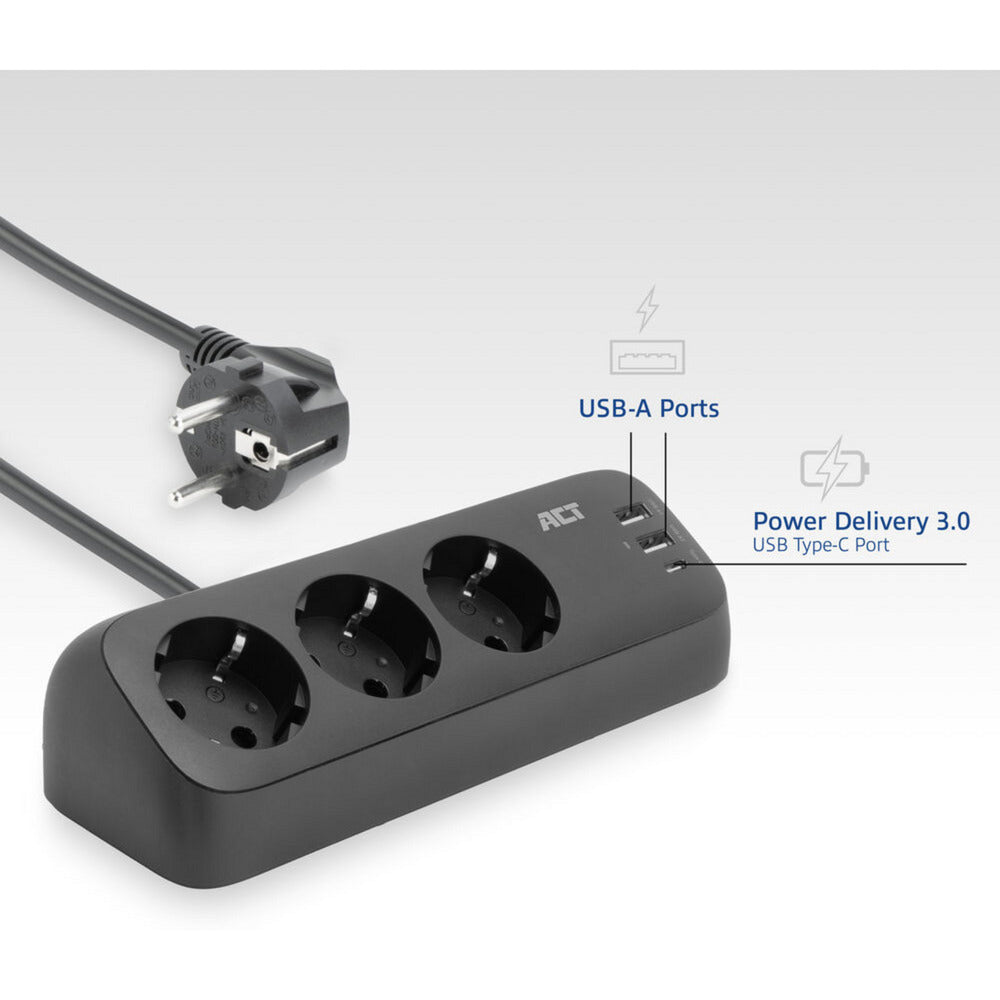 Act connectivity stekkerdoos met 3 type-f stopcontacten stekkerdoos (zwart, 30w power delivery, usb type-c a poorten)