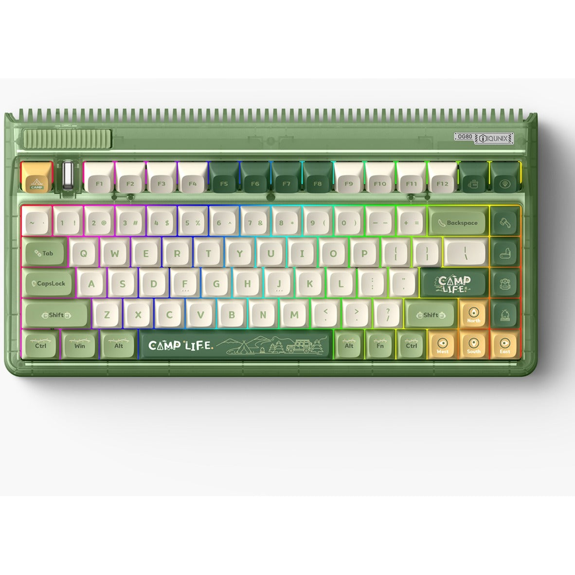 Iqunix og80 camping wireless mechanical keyboard (groen, us lay-out (qwerty), cherry mx red, 80% (tkl), rgb leds, hot-swappable, pbt, 2.4ghz | bluetooth 5.1 | usb-c)