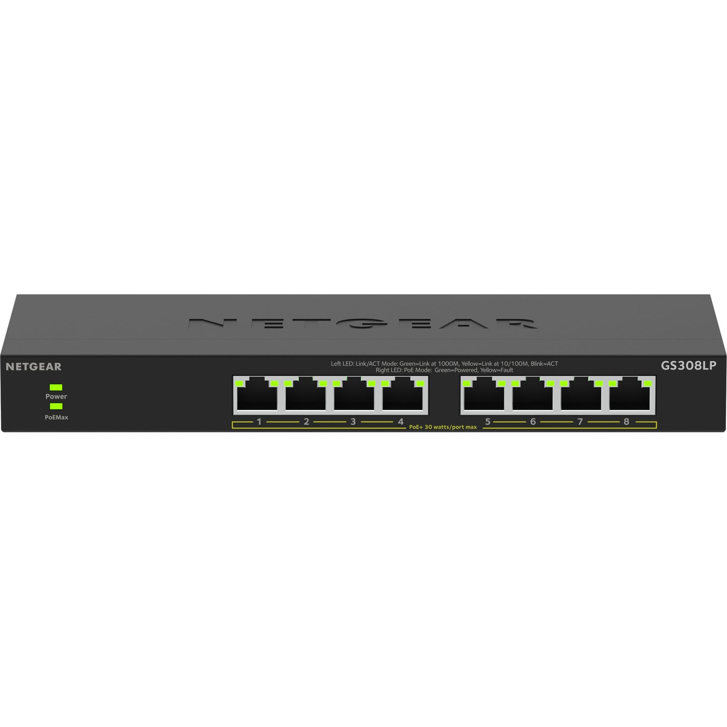 Netgear 8-poorts gigabit ethernet unmanaged poe+ essentials switch (gs308lp) (zwart, 60 watt poe)