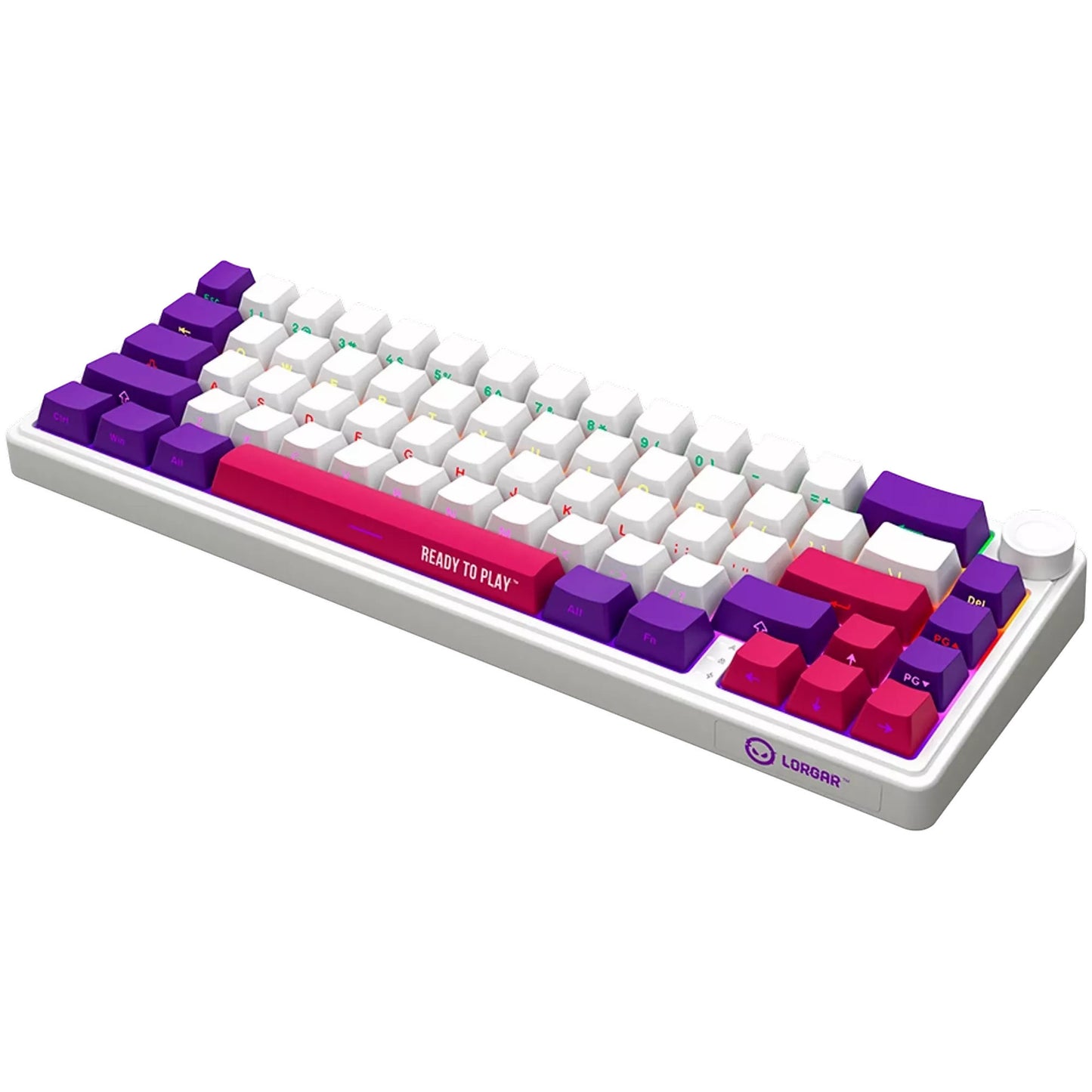 Lorgar kbp70mw, gaming toetsenbord (wit, us lay-out, logar toxic purple, 65%, rgb, hot-swappable, pbt double-shot, bluetooth 2.4ghz usb)