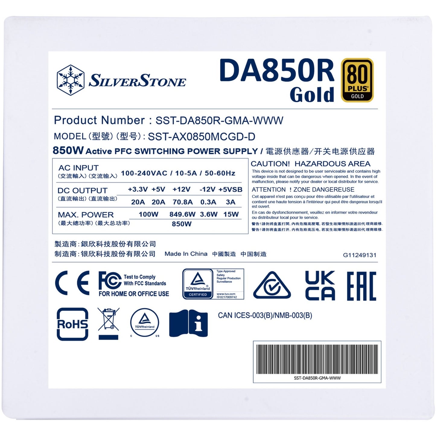Silverstone sst-da850r-gma-www modulaire 850 watt voeding (wit, 4x pcie)