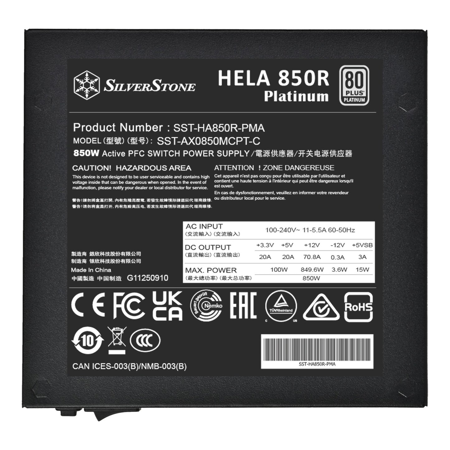 Silverstone hela 850r platinum modulaire 850 watt voeding (zwart, 4x pcie)