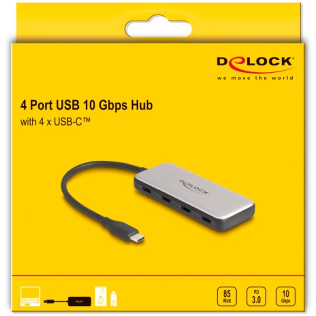 Delock 4-port usb-c + pd 85 watt usb-hub (grijs)