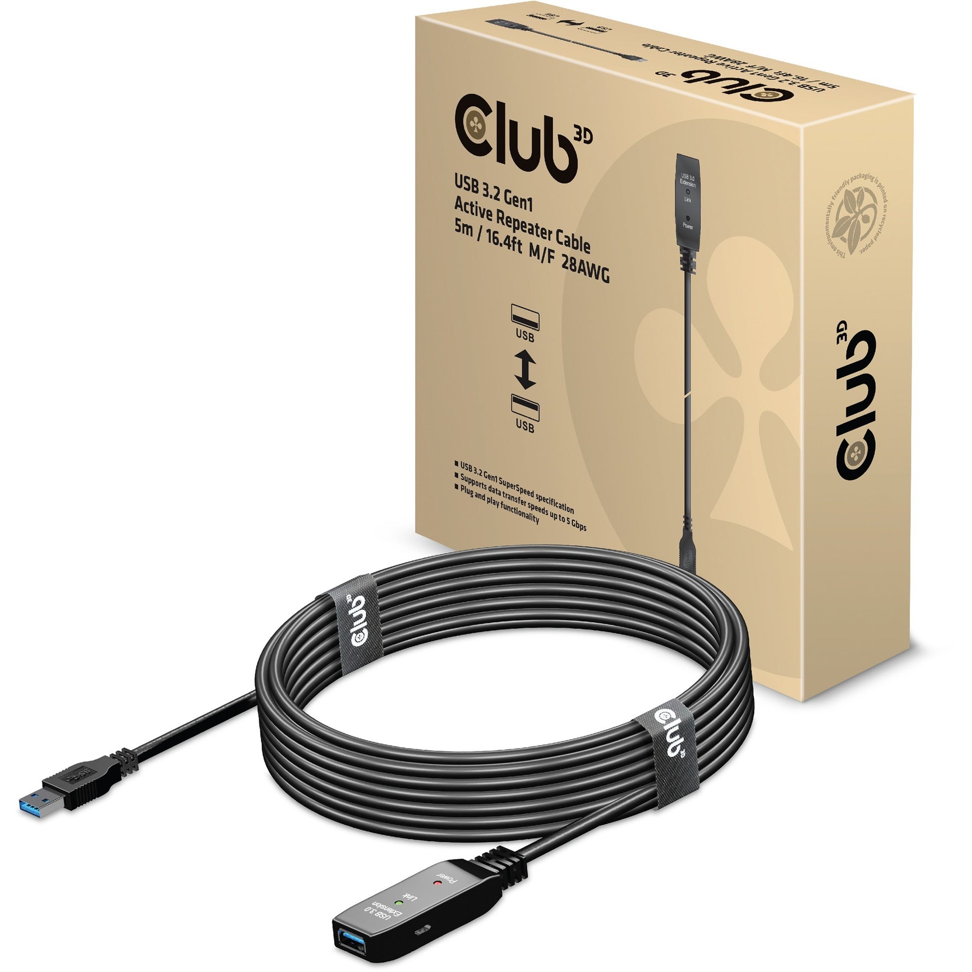 Club 3d usb 3.2 gen1 actieve repeaterkabel (zwart, 5 meter)