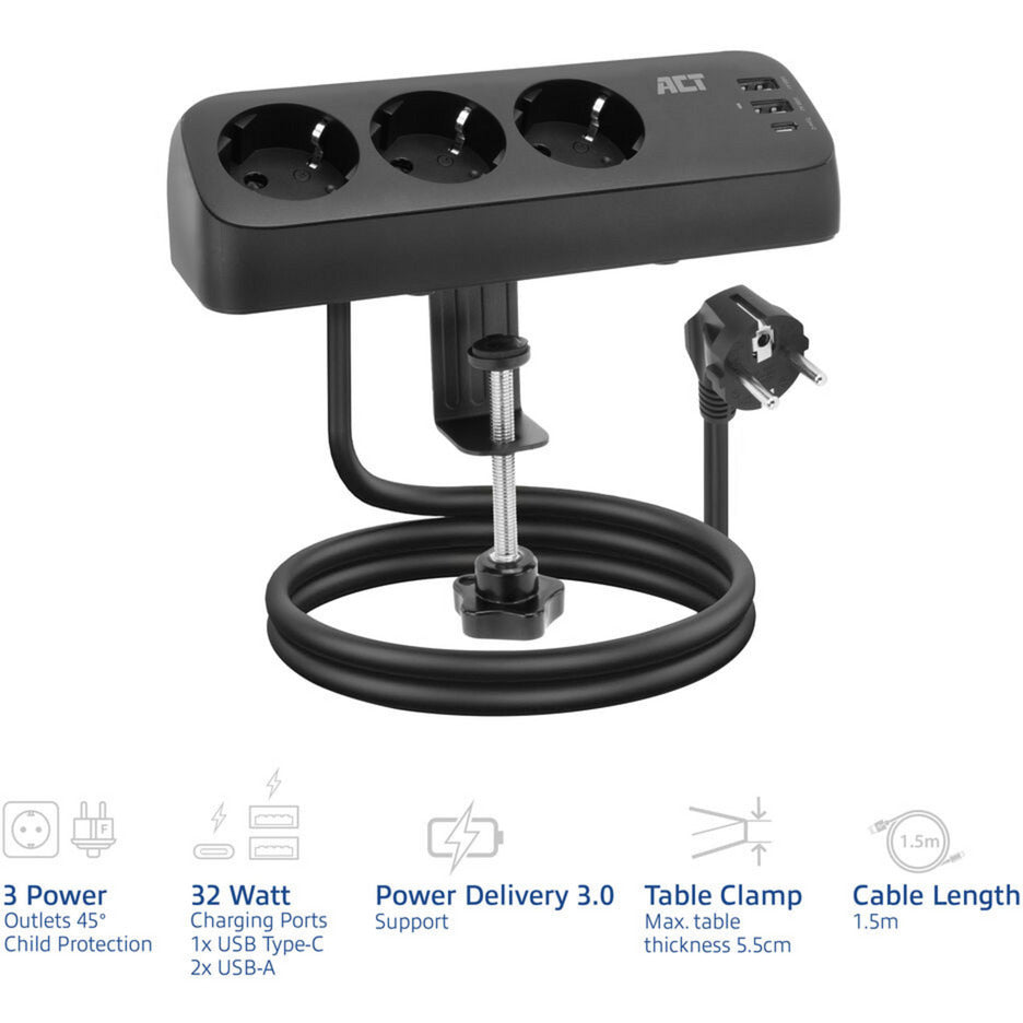 Act connectivity stekkerdoos met 3 type-f stopcontacten stekkerdoos (zwart, 30w power delivery, usb type-c a poorten)