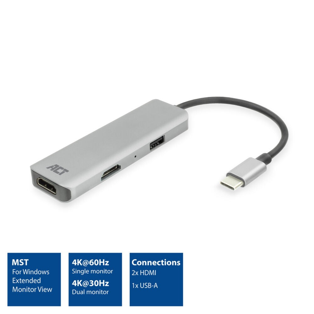 Act connectivity usb-c 4k multiport adapter voor 2 hdmi schermen, usb-a datapoort (aluminium)