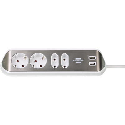Brennenstuhl ®estilo hoekaansluitdoosstrook met usb laadfunctie 4-weg 2x beschermende contactdozen 2x euro zilver wit