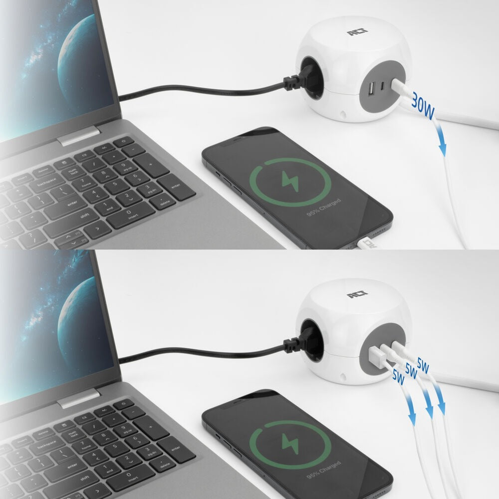 Act connectivity stekkerdoos kubus met 3 stopcontacten, 30w power delivery usb-c a poorten, kabellengte 1,5m stekkerdoos (wit, type e)